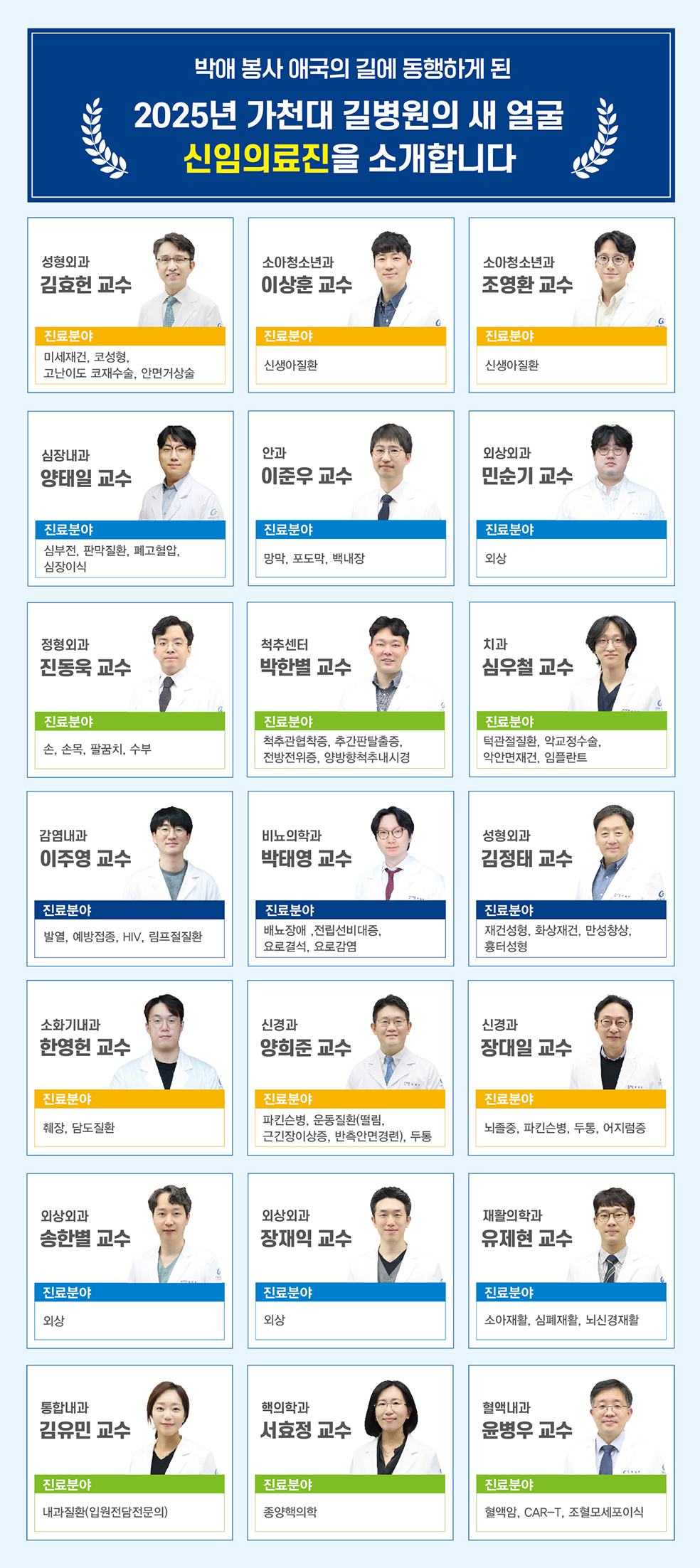 박애 봉사 애국의 길에 동행하게 된 2025년 가천대 길병원의 새 얼굴 신임의료진을 소개합니다.